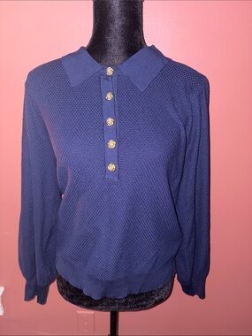 Truth Navy Long-Sleeve Polo Sweater with Gold Buttons